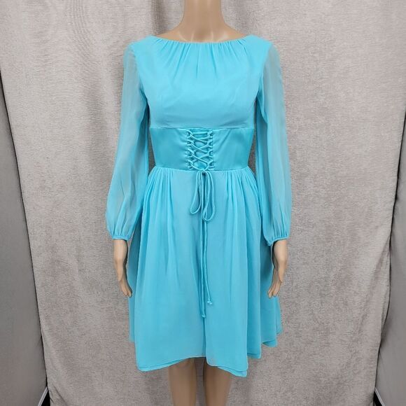 Vintage 60s Bright Blue Fairycore Midi Dress Corset Bodice Long Sleeves Chiffon - Picture 3 of 13